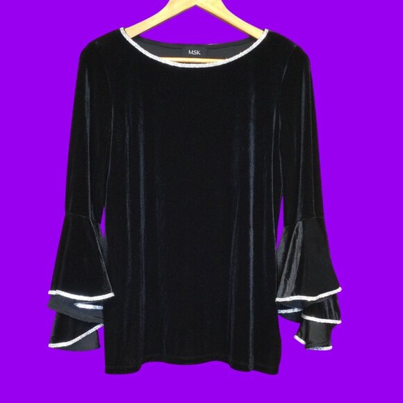 MSK Tops - Black MSK Velvet Bell Sleeve Top With Rhinestone Trim Witchy Whimsigoth Elegant